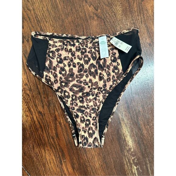 Aerie Black and Tan Leopard Bikini Bottom With Mesh Side Panels Size Small - Picture 2 of 5